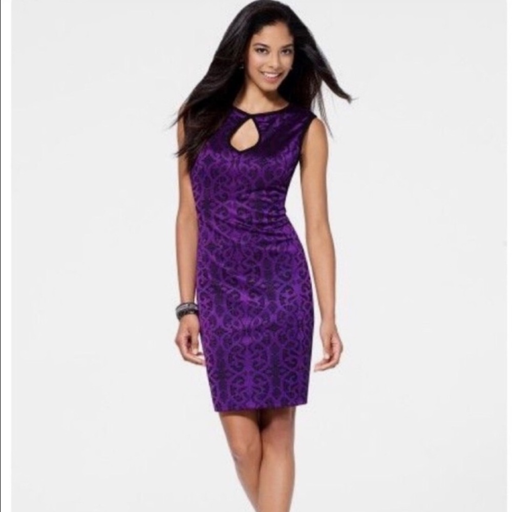 Cache Purple and Black Lace Print Keyhole Dress Sz 12